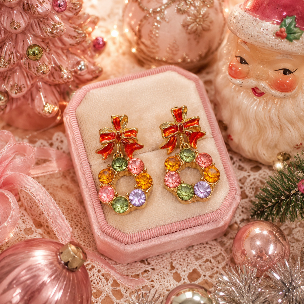 Vintage Cottagecore Rhinestone Wreath Earrings Enamel Bow Pastel Dangle